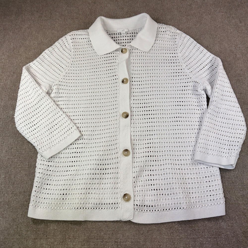 J. Jill White Open Knit Button Front Cardigan Sweater Collared Size M 7219